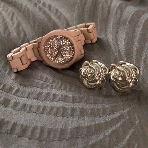 Pink crystal face watch and silver flower earrings